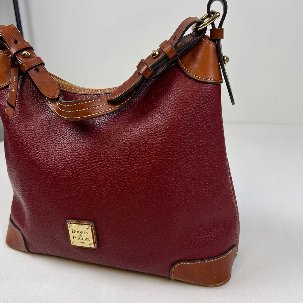Dooney & Bourke Pebble Grain Leather Hobo Bag Burgundy Brown Trim Good Condition